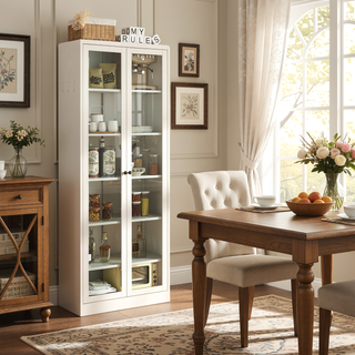 Sunvega Heavy-Duty Metal Pantry Cabinet with 5 Adjustable Shelves and Glass Door