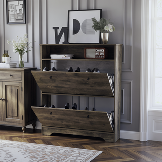 Sunvega Dark Brown Finish Shoe Rack with Two Extendable Cabinets and One Open Shelf