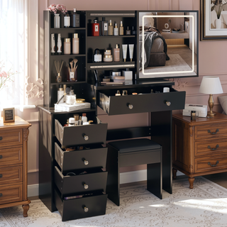 Sunvega 41 Inch Large Size Left Bedside Cabinet Vanity Table with Cushioned Stool