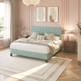 Sunvega Blue California King Upholstered Bed with Transitional Style for Bedroom