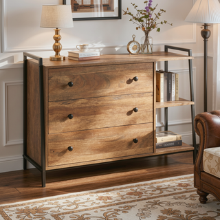 Sunvega Industrial Brown Dresser with Three Drawers and Two Open Shelves