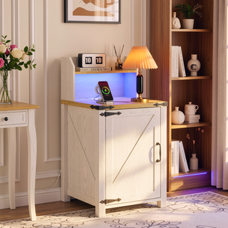 Sunvega Farmhouse End Table with Barn Door, Charging Station, and Adjustable Shelf