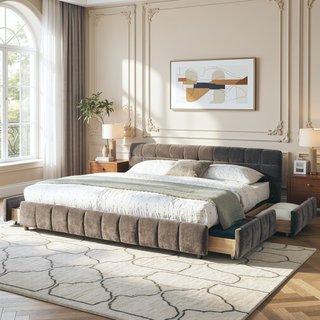 Sunvega Modern King Size Upholstered Bed with Storage Drawers and Soft Chenille Fabric