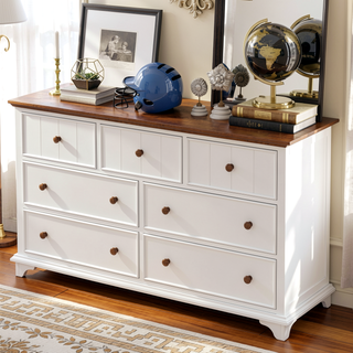 Sunvega Retro White and Walnut Wooden Seven-Drawer Dresser for Bedroom Storage