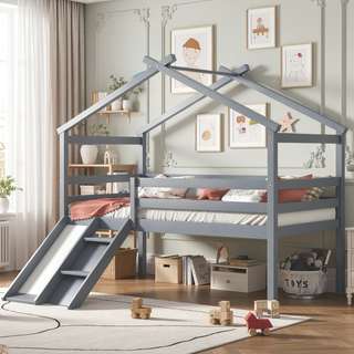 Sunvega Twin Low Loft House Bed with Slide Ladder Safety Guardrails and Roof Frame