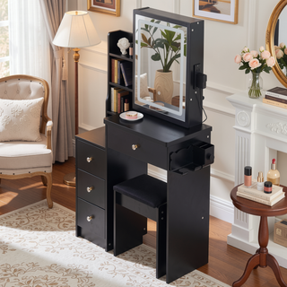 Sunvega Small Space Left Bedside Cabinet Vanity Table with Cushioned Stool and Sliding Mirror