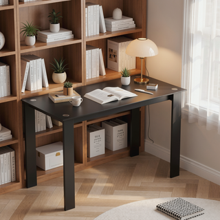Sunvega Modern Black Tempered Glass Dining Table with Rectangular Metal Legs