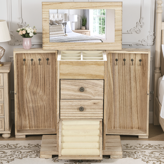 Sunvega Wooden Jewelry Box Organizer with Mirror and Drawers for Rings Earrings Necklaces