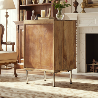 Sunvega Mango Wood Nightstand with Wave Design Cabinet Door and Shelving