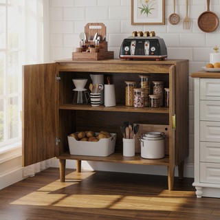 Sunvega Walnut Wood Buffet Cabinet with Line Groove Design and Large Storage Space
