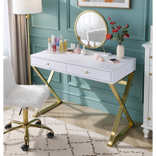 Sunvega White and Gold Vanity Desk with Mirror and Jewelry Storage Tray