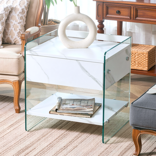 Sunvega Bedside Table with Drawers Made of MDF and Tempered Glass for Storage
