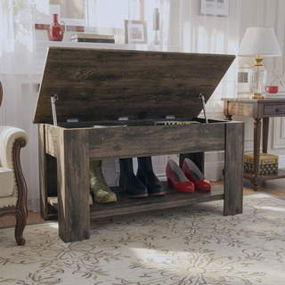 Sunvega Dark Brown Lift Top Storage Bench with Lower Shelf for Entryway