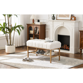 Sunvega Teddy Fabric Upholstered Storage Bench with Shelf for Bedroom Living Room