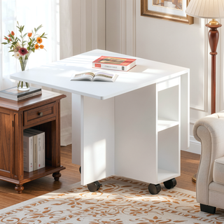 Sunvega White Folding Drop Leaf Dining Table Set with 4 Chairs and Storage