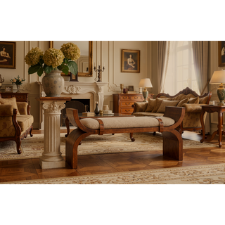Sunvega Handcrafted Solid Mango Wood Stirrup Curve Sculptural Bench in Amber Oak