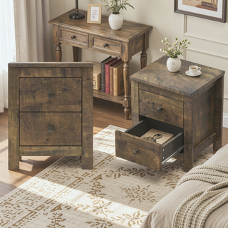 Sunvega Farmhouse Wooden Nightstand Set of 2 with Retro Design and Storage Cabinet
