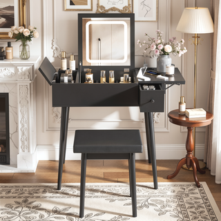 Sunvega 27.9" Black Makeup Vanity Desk with Flip Top LED Mirror and Charging Station