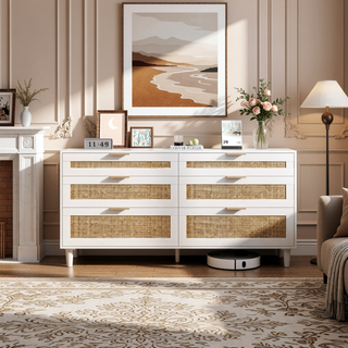 Sunvega 6 Drawer Rattan Dresser with Metal Handle and Wood Legs for Bedroom Storage