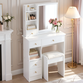 Sunvega Small Size Left Drawer Desktop Vanity Table with Cushioned Stool