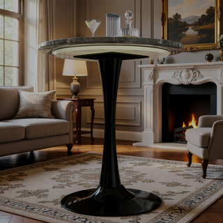 Sunvega Round White Pedestal Side Table with Marble Effect Top for Living Room