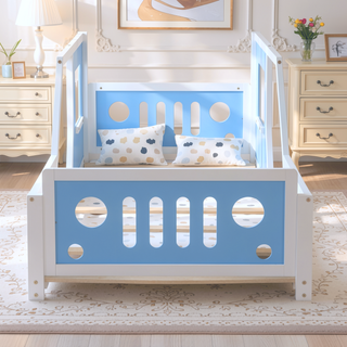 Sunvega Twin Size Blue Classic Car-Shaped Platform Bed with Wheels