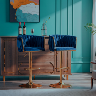 Sunvega Set of 2 Swivel Adjustable Bar Stools with Chrome Footrest and Navy Velvet