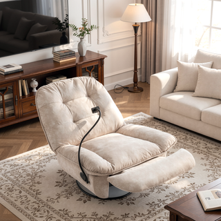 Sunvega Ivory Gold-Stamped Velvet Recliner with Swivel Gliding Rocking and Mobile Phone Holder