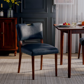 Sunvega Midnight Blue Faux Leather Dining Chair Set with Walnut Frame and Gold Handle
