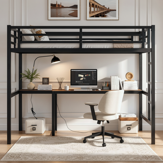 Sunvega Metal Twin XL Loft Bed with Desk, USB, LED Light, and Power Outlet