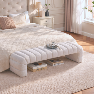Sunvega Modern Upholstered Armless Bed Bench with Channel Tufted Chenille Ottoman for Living Room