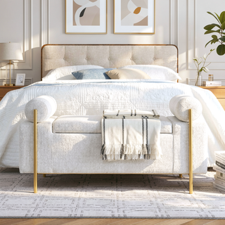 Sunvega Elegant Upholstered Linen Storage Bench with Cylindrical Arms and Iron Legs