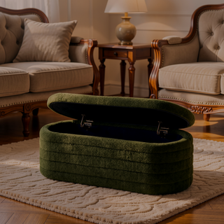 Sunvega Modern Oval Upholstered Boucle Teddy Fabric Storage Ottoman Bench with Safety Hinge