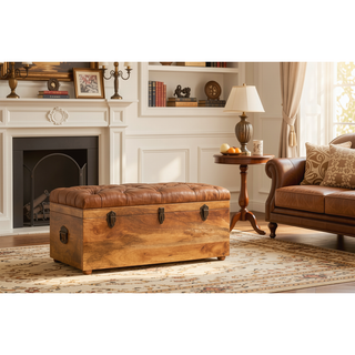 Sunvega Buffalo Hide Leather Upholstered Solid Mango Wood Storage Trunk