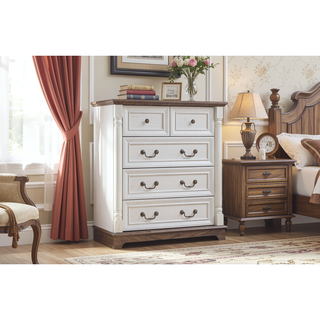 Sunvega 5 Drawer Dresser with Antique Finish Solid Wood Base for Bedroom Living Room