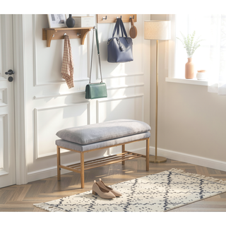 Sunvega Linen Upholstered Storage Bench with Shelf and Metal Legs for Bedroom Entryway