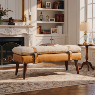 Sunvega Handwoven Cotton and Buffalo Hide Leather Bench with Belted Strap Design