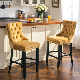 Sunvega Modern Velvet Upholstered Barstools with Button Tufted and Wooden Legs