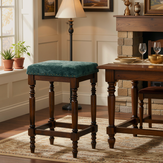 Sunvega Distressed Wooden Farmhouse Barstools with Faux Leather Seat, Counter-Height