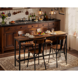 Sunvega 63 Inch Long Industrial Bar Table Set with 3 PU Upholstered Stools