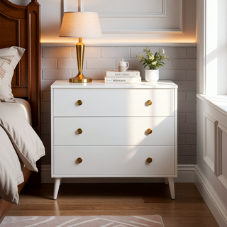 Sunvega Mid-Century Modern 3-Drawer Pine Wood Dresser with Antique Gold Pulls