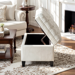 Sunvega Blue Fabric Storage Ottoman with Birch Legs for Living Room Seating