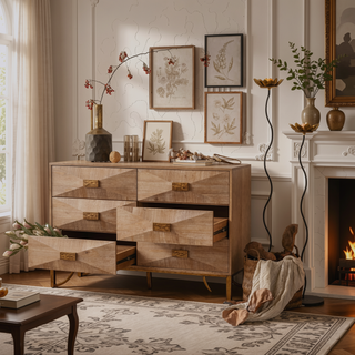 Sunvega Light Wood 6-Drawer Dresser with Geometric Relief and Gold Metal Legs