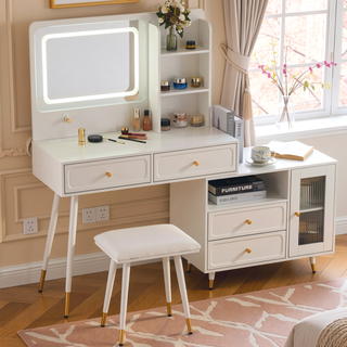 Sunvega Modern Makeup Vanity Desk with Retractable Mirror and LED Lights