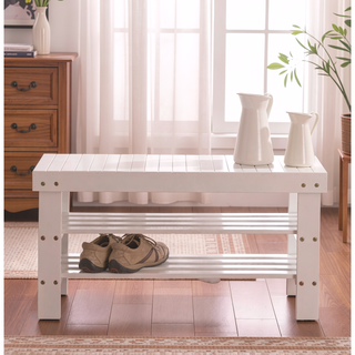 Sunvega Solid Wood White Finish Shoe Bench with Plastic Leveler Legs