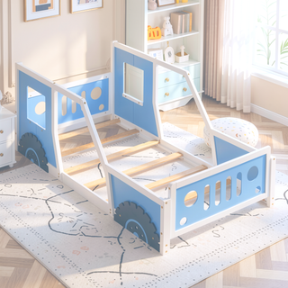 Sunvega Twin Size Blue Classic Car-Shaped Platform Bed with Wheels