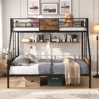 Sunvega Twin Over Full Metal Bunk Bed with Trundle and Guardrail for Bedroom