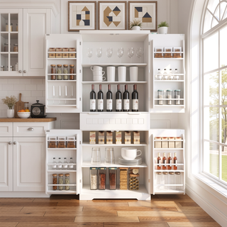 Sunvega Modern Farmhouse White Buffet Cabinet with Hutch for Kitchen Storage and Dining Room