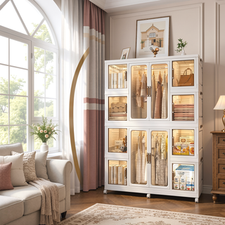Sunvega Kids Wardrobe with 12 Magnetic Doors, 2 Hanging Rods, and 16 Hangers