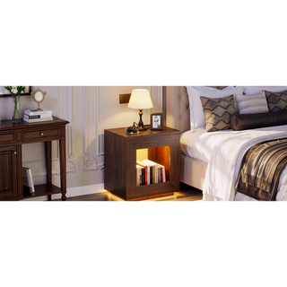 Sunvega Industrial Rustic Brown Wood End Table with 2 Tiered Storage Shelf and USB Outlets
